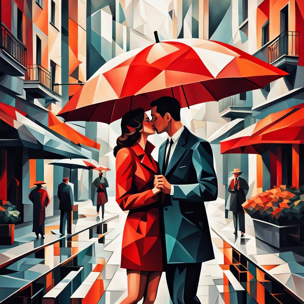 Young Couple Kissing in Cubist Art Deco Style