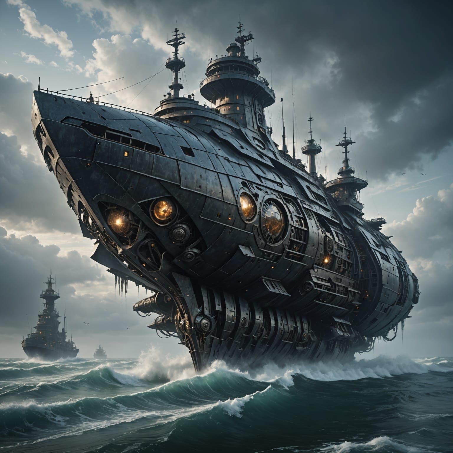 Ethereal Biomechanical Ship Drifts Amidst Turbulent Waves