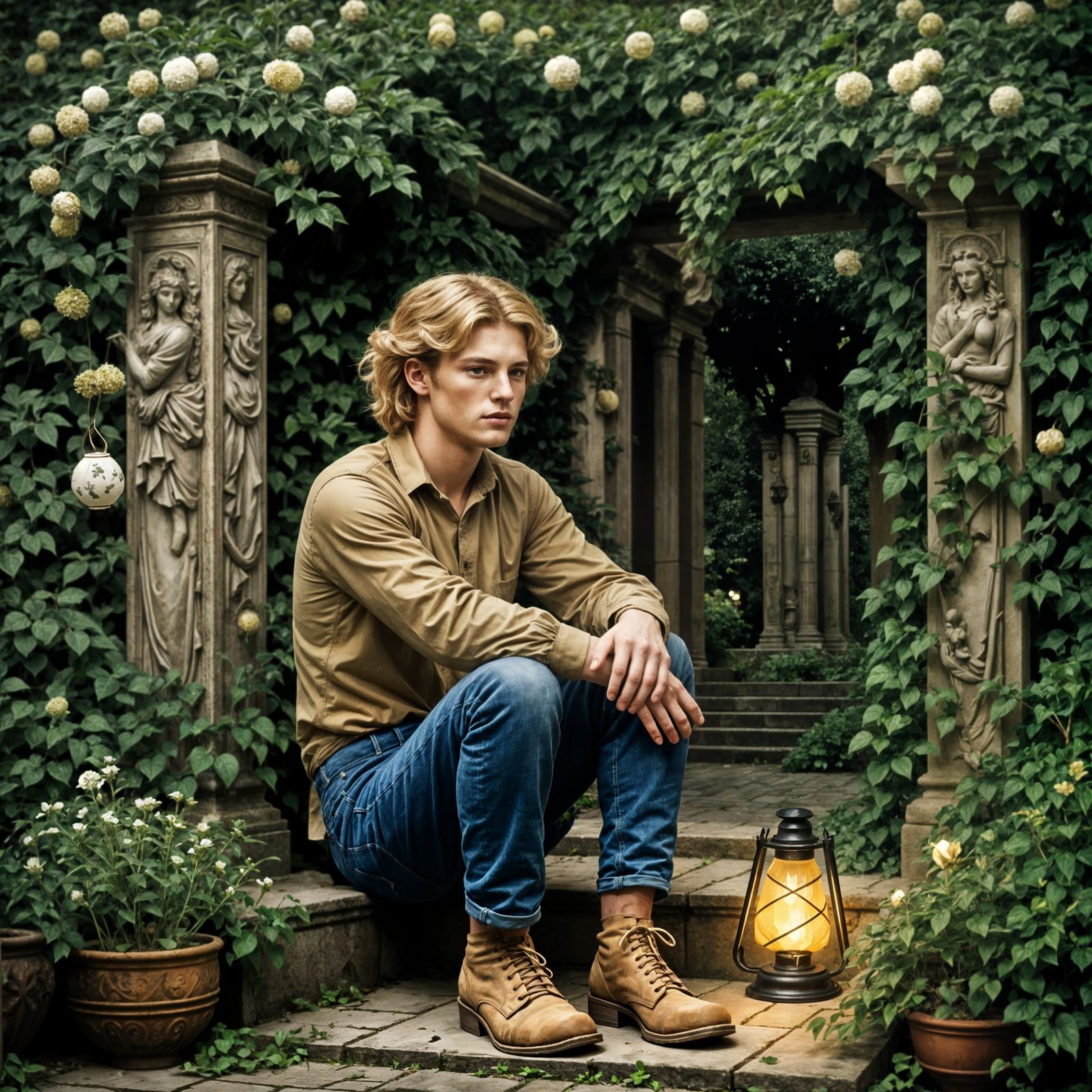 Young Man in Moonlit Garden Sanctuary, Pre-Raphaelite Style