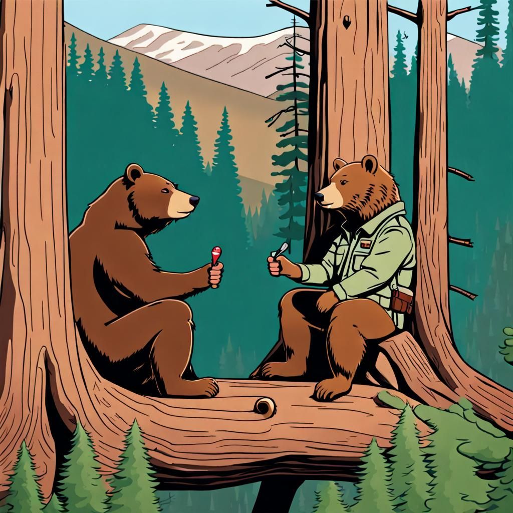 Bear and Cougar Chat in Wes Anderson Style