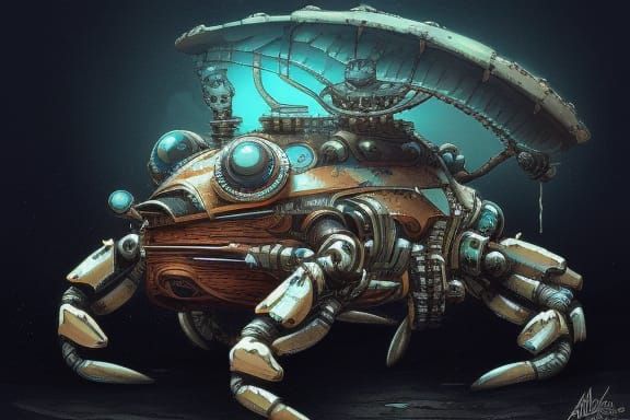 Cybernetic Steampunk Crab on Beach Rock