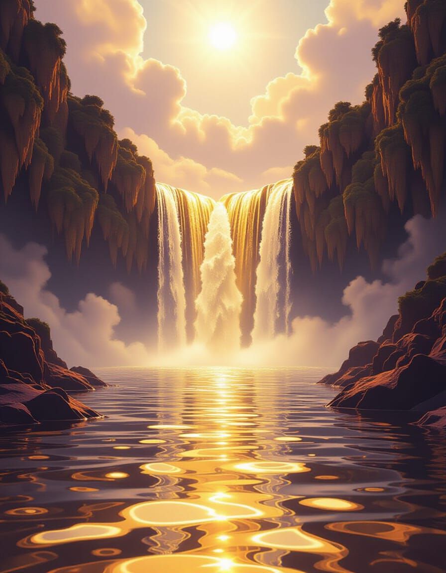 Golden Waterfall of Money in a Sacred Field