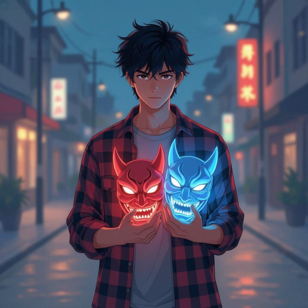 Anime Style Young Man Holds Glowing Oni Masks