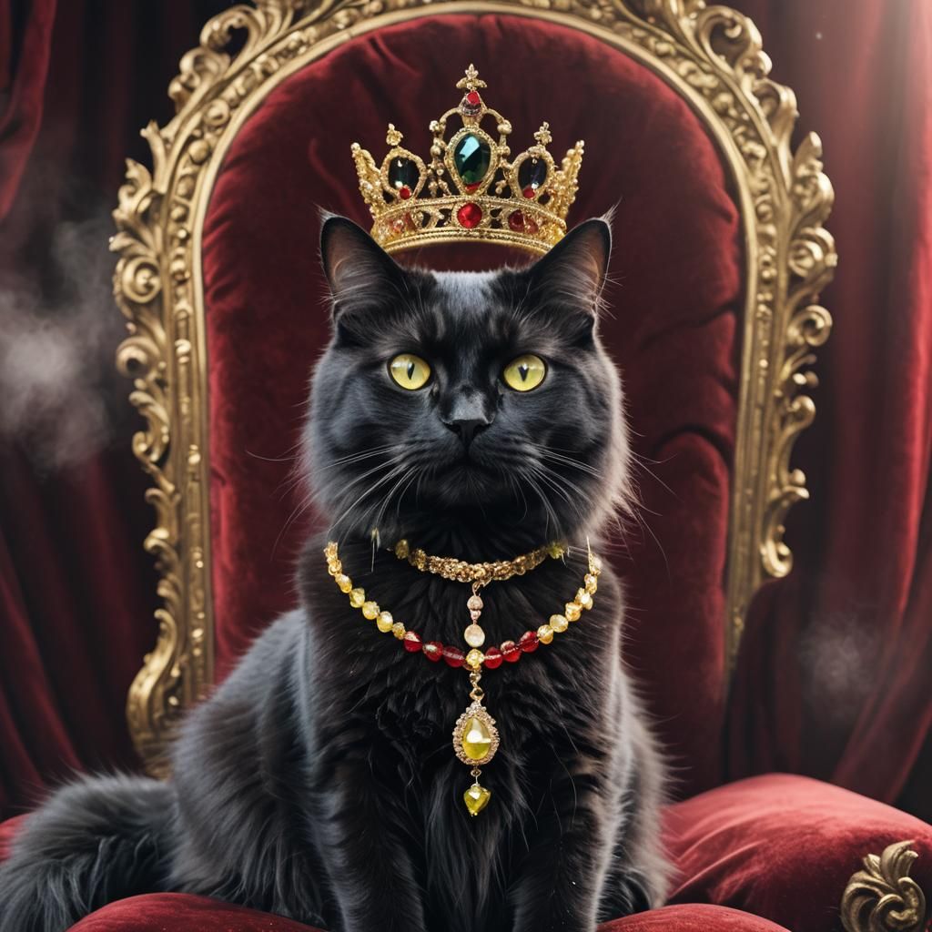 Regal Black Cat on Throne with Tiara