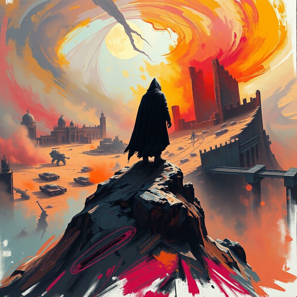 Post-Apocalyptic Figure in Windswept Landscape