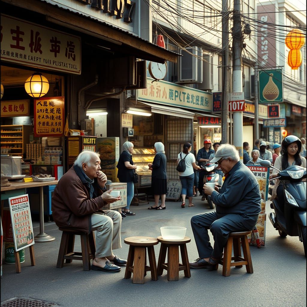 Elderly Friends Enjoying Tea in Lively Asian Street
