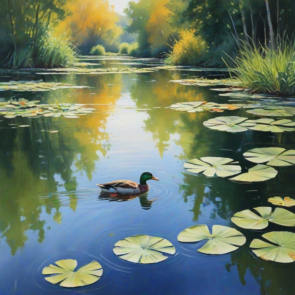 Ducks Swim in Serene Pond Landscape, Soft Impressionist Wate...