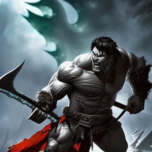 Half-Orc Barbarian in Bloody Combat, Splash Art