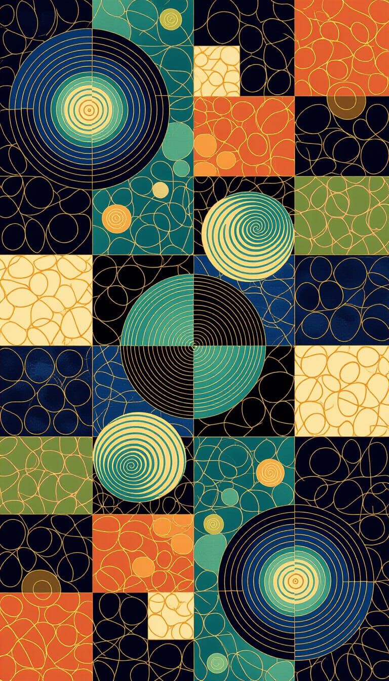 Abstract Mosaic Orbs in Chinese Ink Painting Style