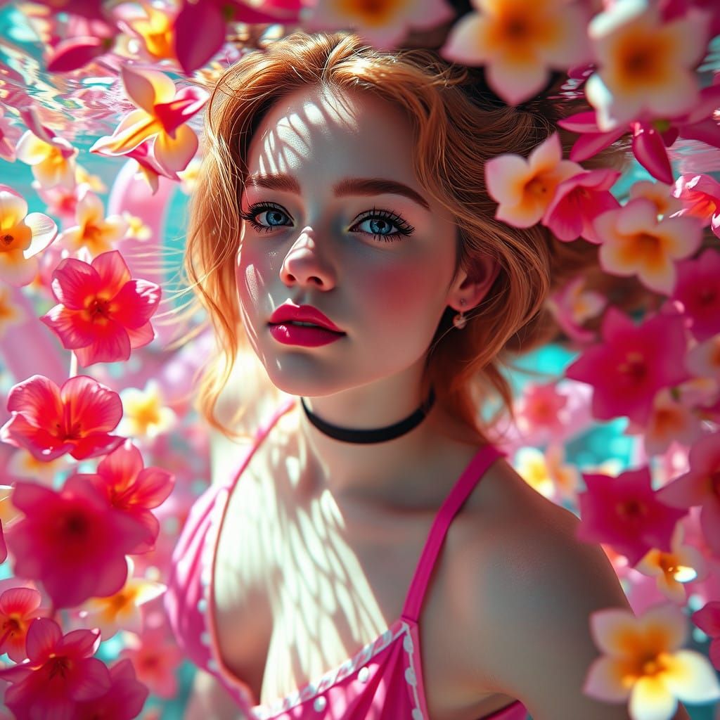 Dreamy Fantasy Portrait of a Young Woman Floating in a Flora...