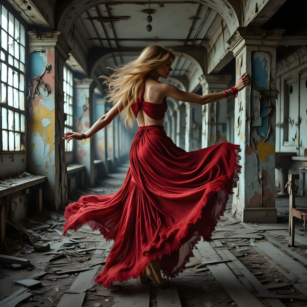 Sensual Young Woman Dancing in Abandoned Nuclear Power Plant