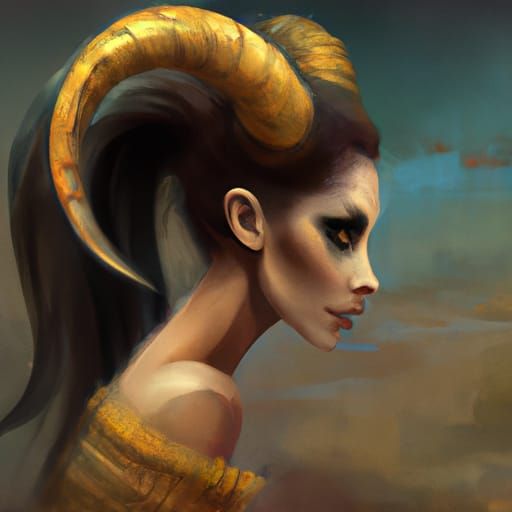 Dramatic Portrait of Aries Woman with Horns