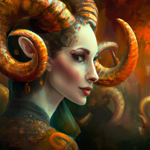 Dramatic Portrait of Horned Woman in Digital Matte Painting