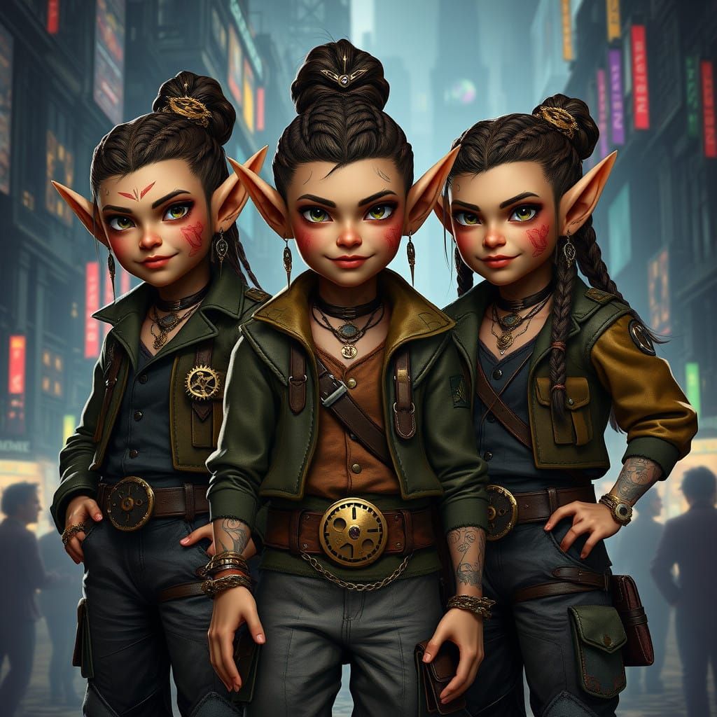 Halflings in Urban Attire, Blending Rustic Charm and Sophist...