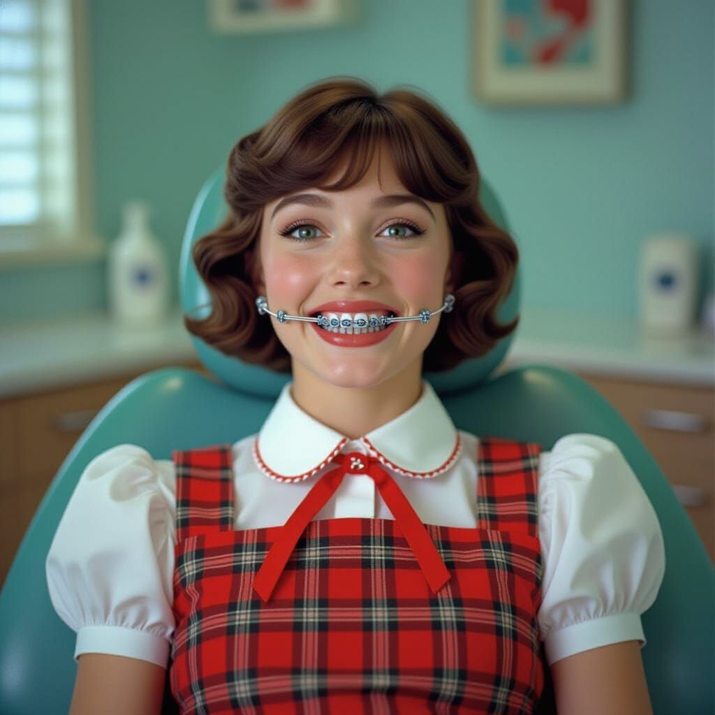 Woman in Dentist Chair with Headgear and Braces