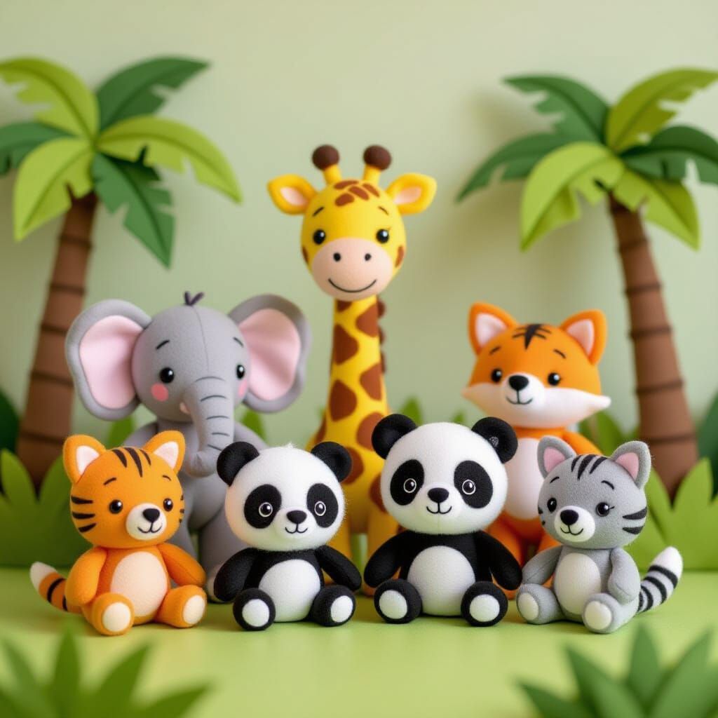 Felt Jungle Animals Plushies in Playful Scene