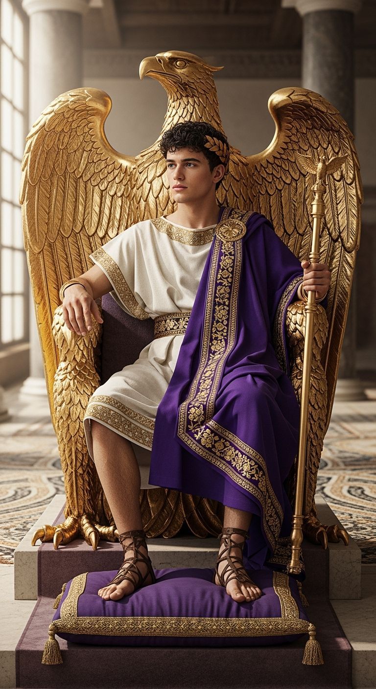 Young Emperor on Gold Eagle Throne in Roman Hall