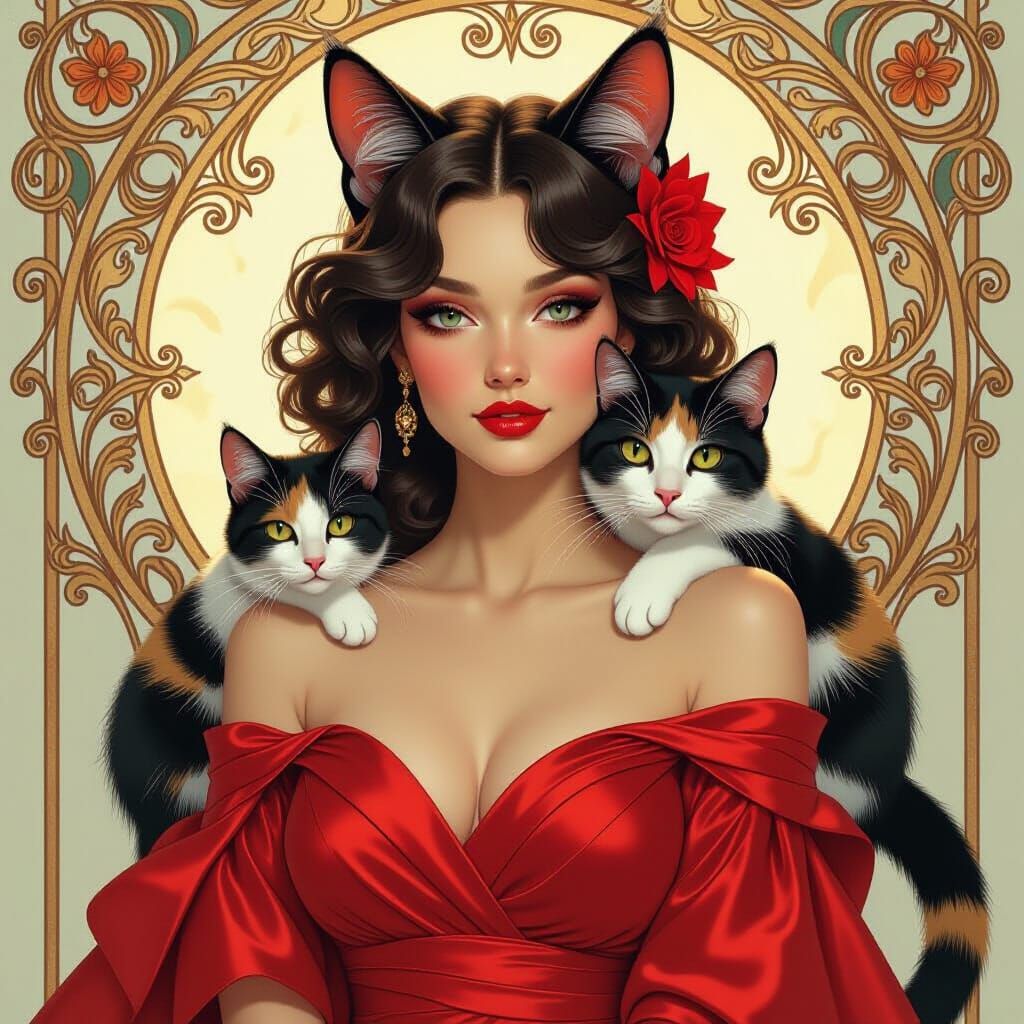 Art Nouveau Portrait: Calico Cat Girl in Red Silk