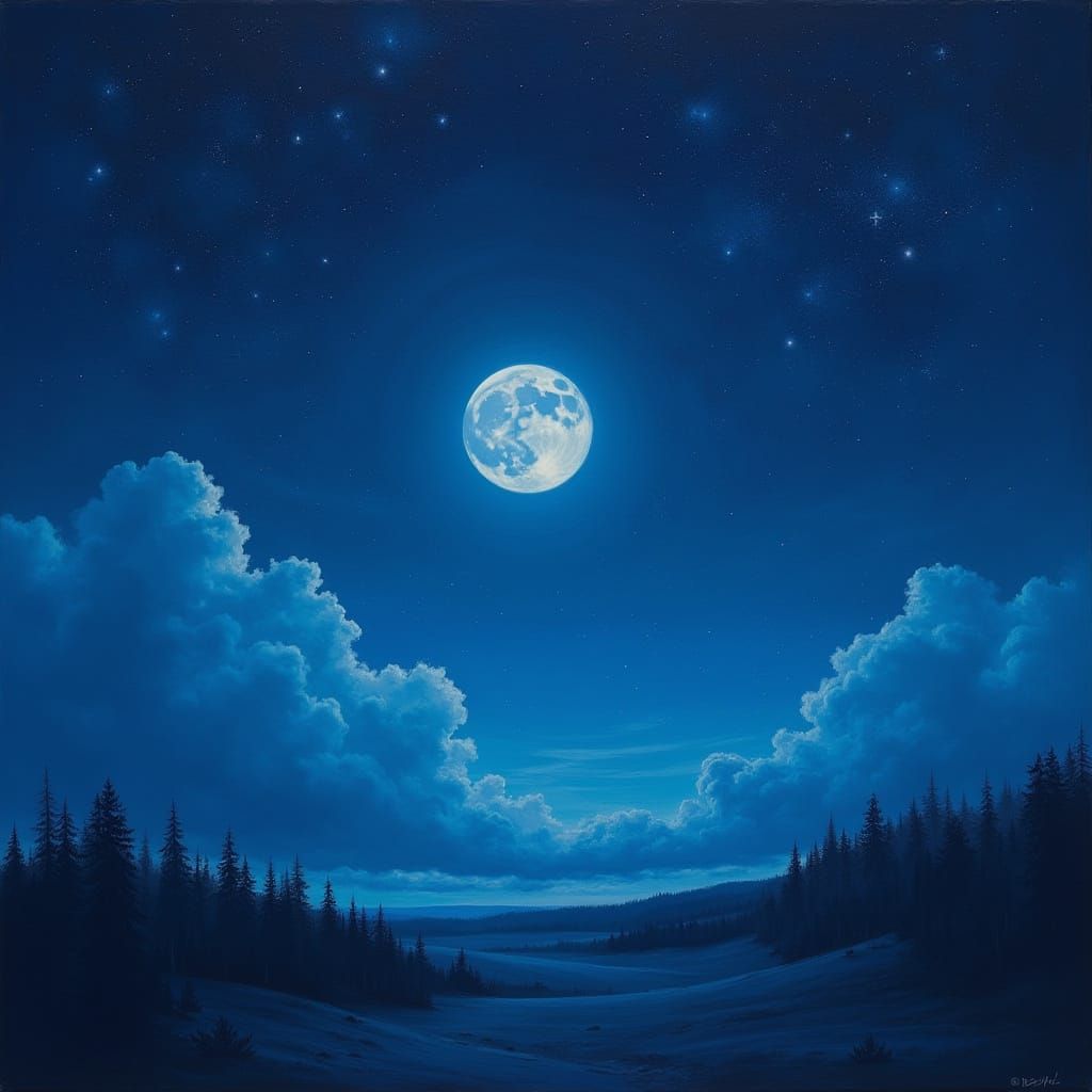 Vibrant Night Sky with Full Moon and Twinkling Stars