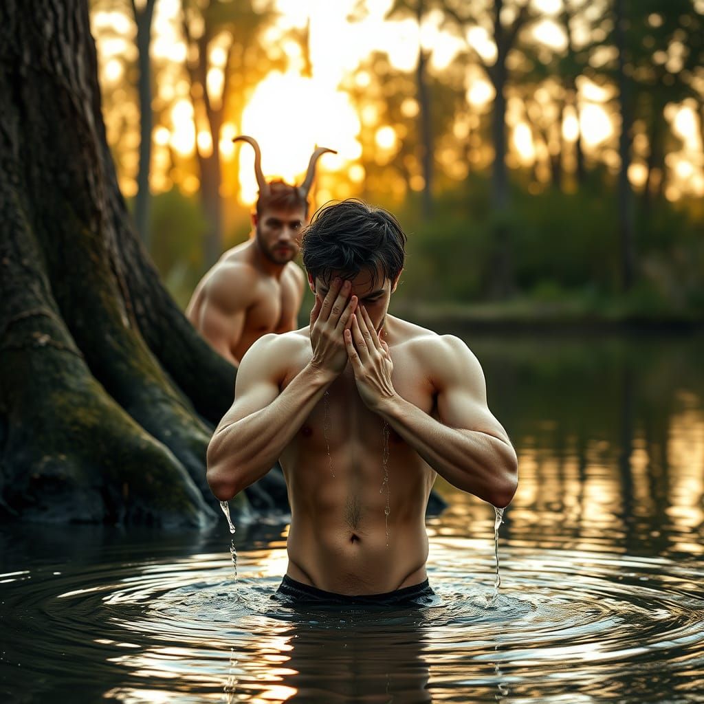 Faun Observes Man at Sunset in Enchanted Forest