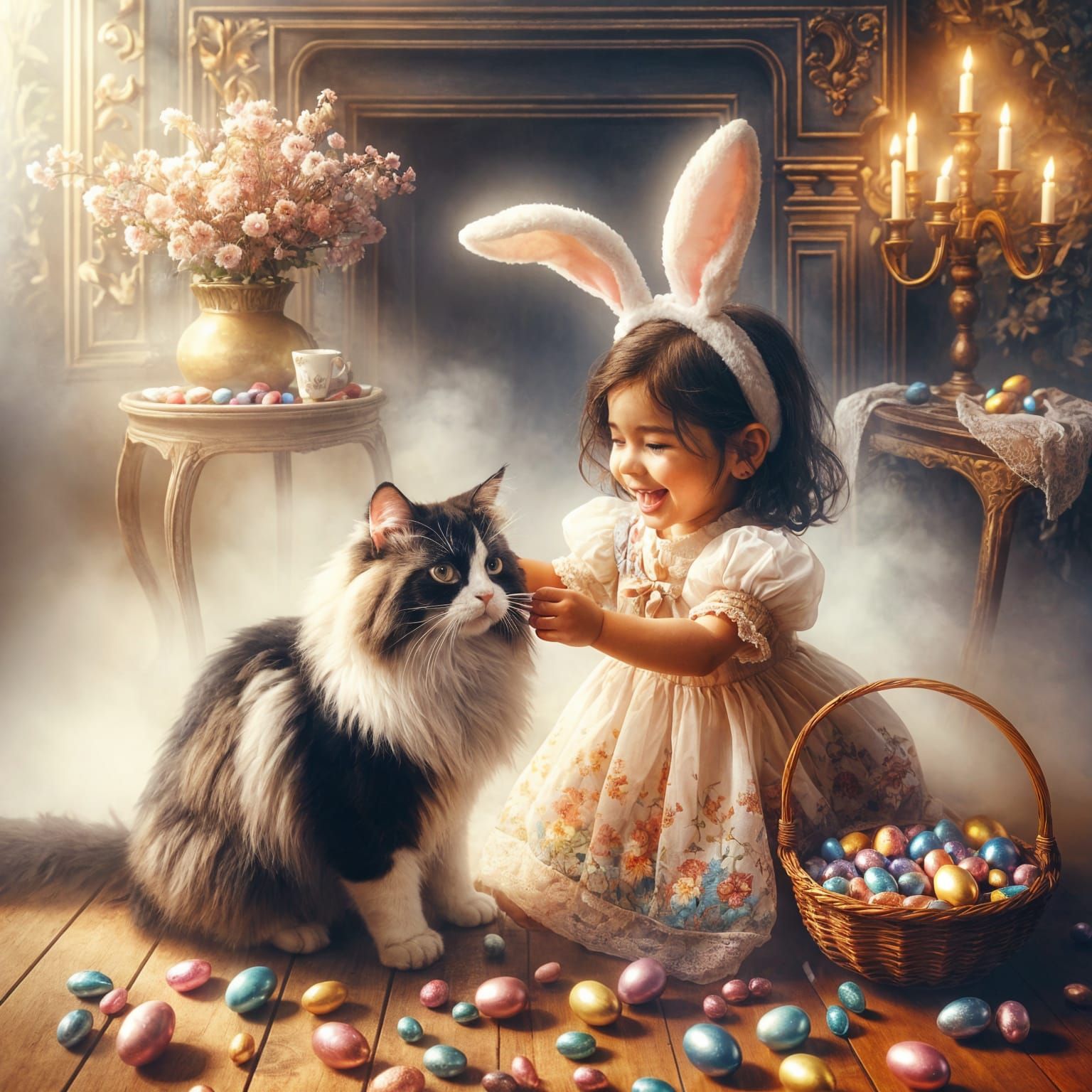 Whimsical Easter Scene with Toddler and Cat