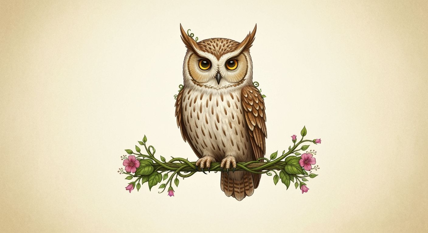 Supercute Owl Perched on Vine and Flower Creation