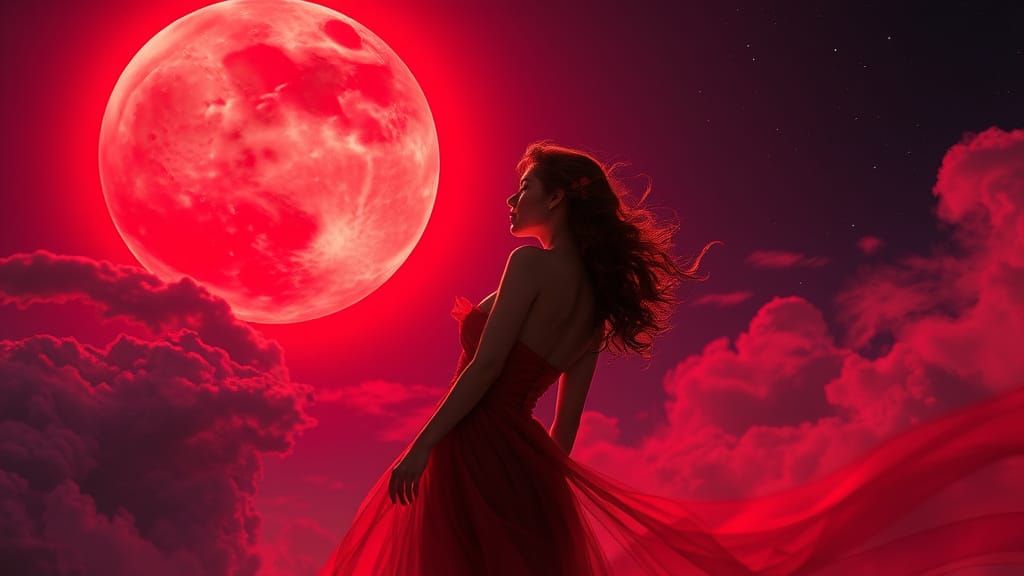 Crimson Moonlight Woman in Art Nouveau Style