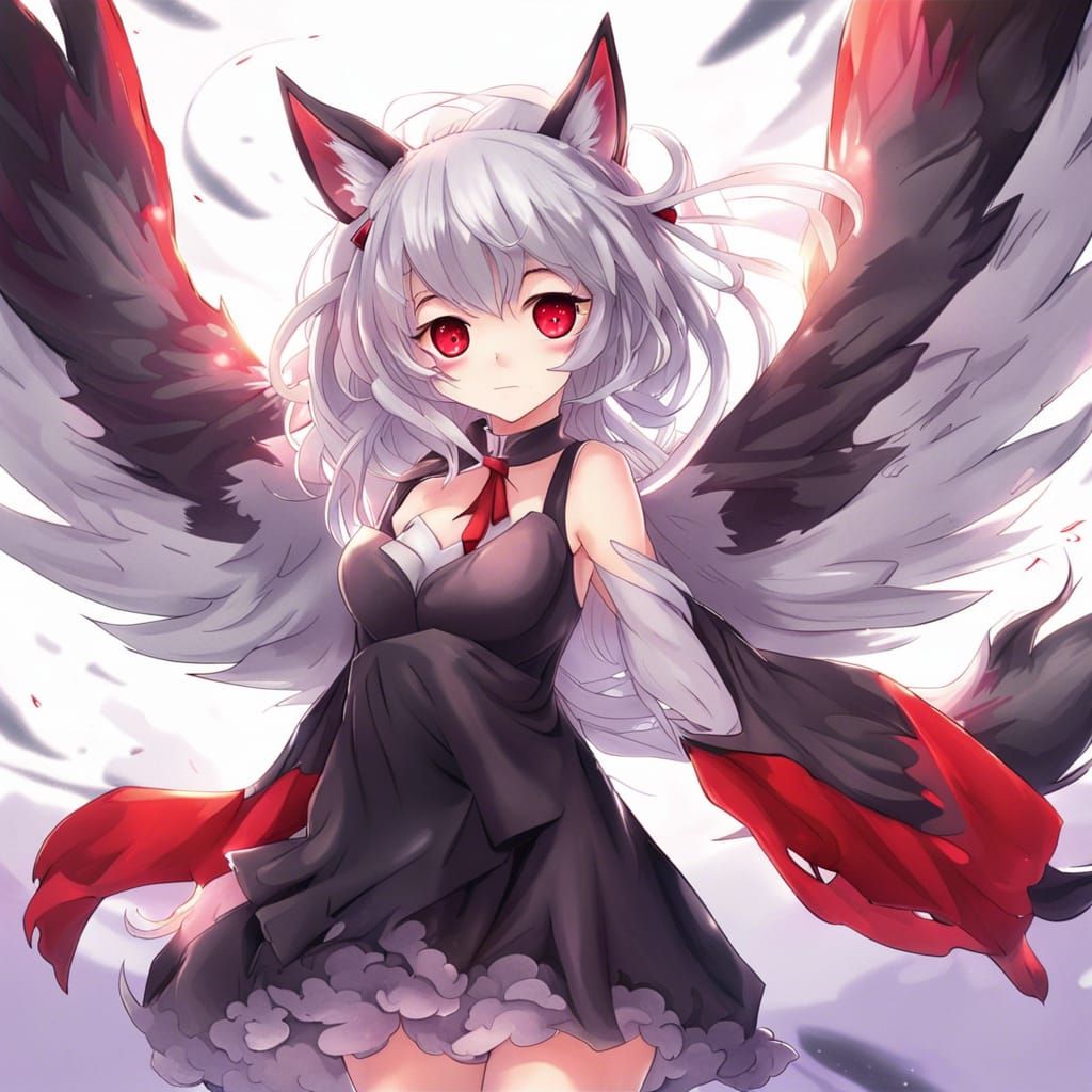 Anime Wolf Girl with Wings and Silver Hair