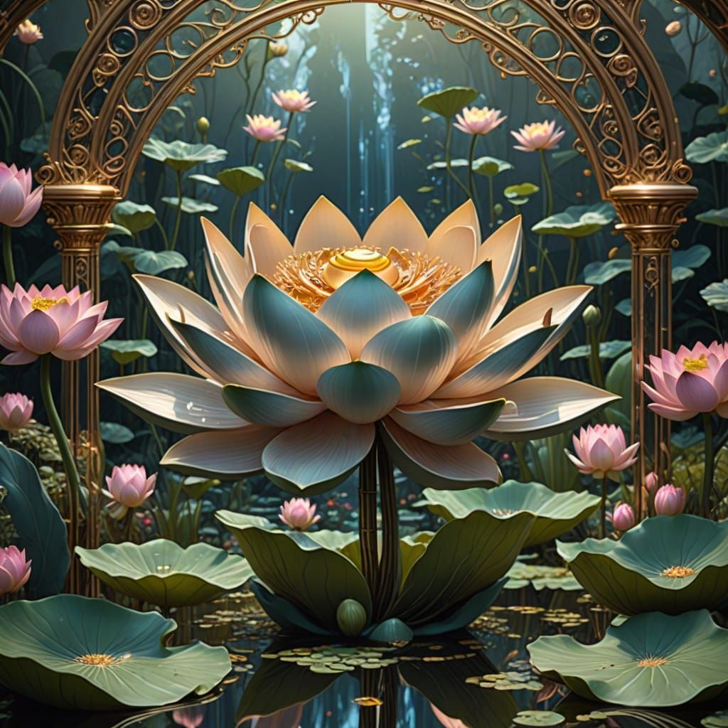 Chrome Lotus Sculpture in Surreal Art Nouveau Garden