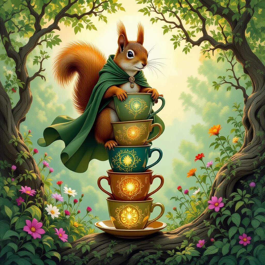 Squirrel on Mugs with Glyphs, Art Nouveau Style