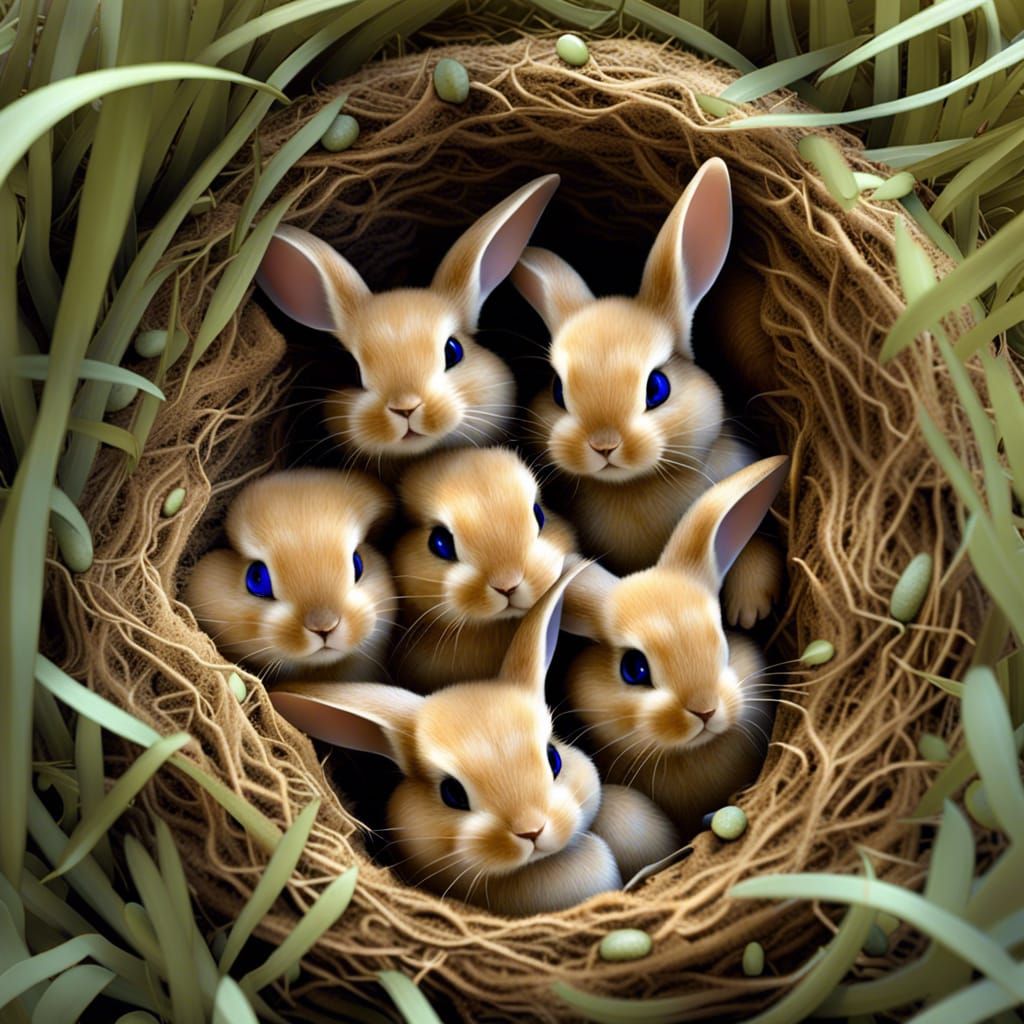 FantasyPunk Rabbit Nest with Glowing Newborn Bunnies