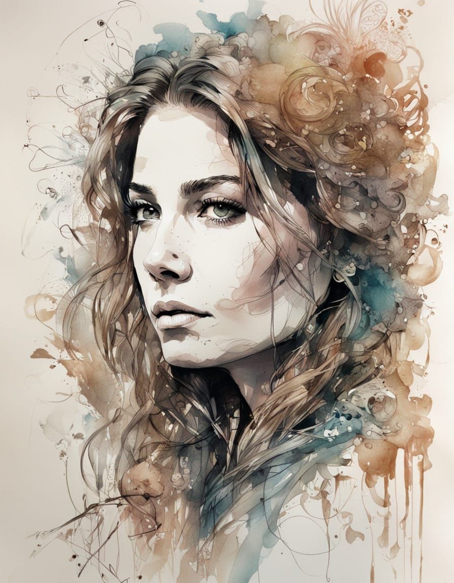 Kathy Ireland Portrait in Ink Wash Style