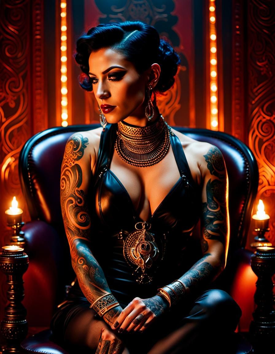 Dieselpunk Woman with Egyptian Tattoos in Golden Light