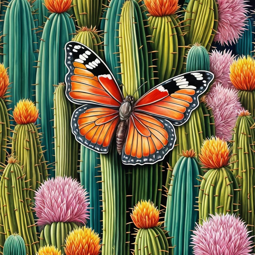 Vibrant Butterfly Trapped in a Colorful Cactus Scene