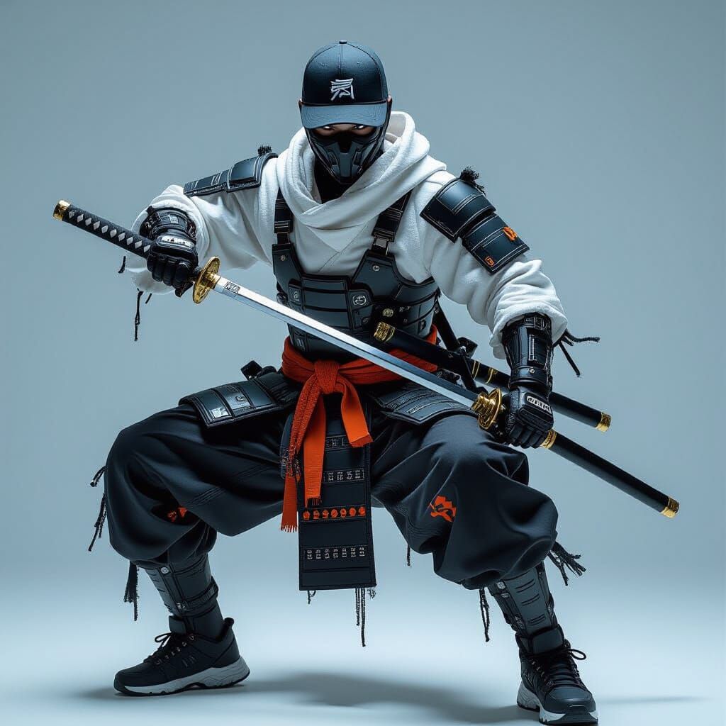 Cybernetic Samurai with Katana in Studio