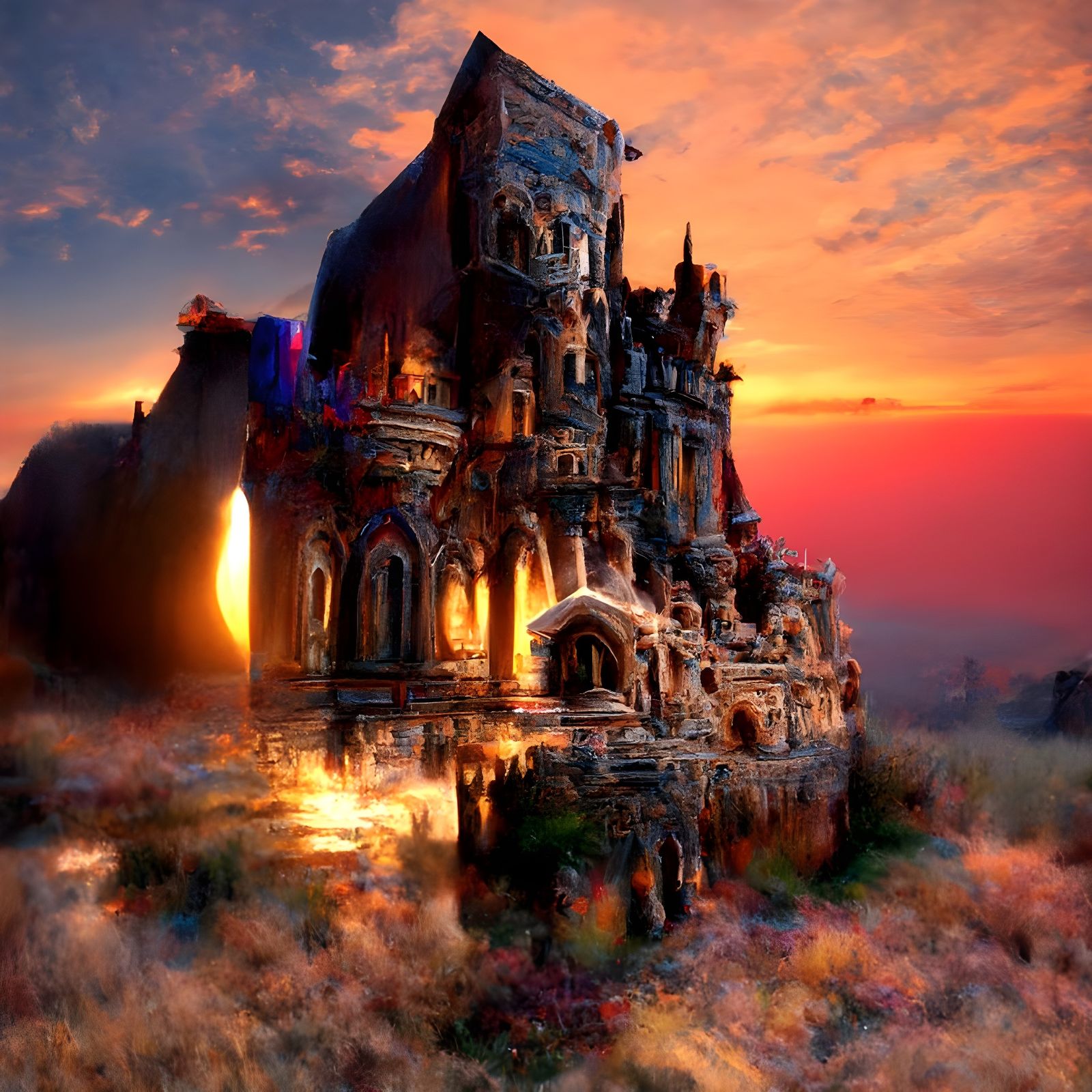 Eerie Gothic Castle at Sunset in Cel-Shaded Style