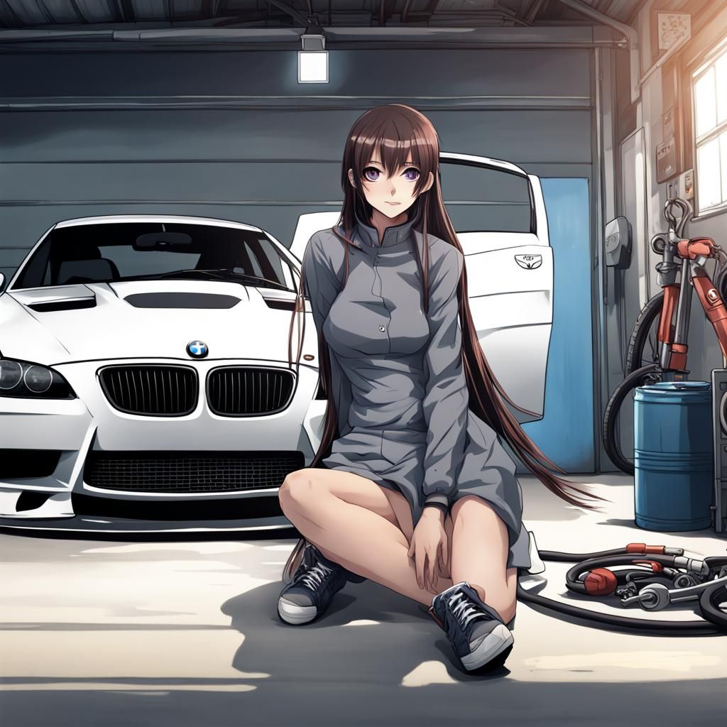 Anime Girl with BMW M3 GTR in Garage
