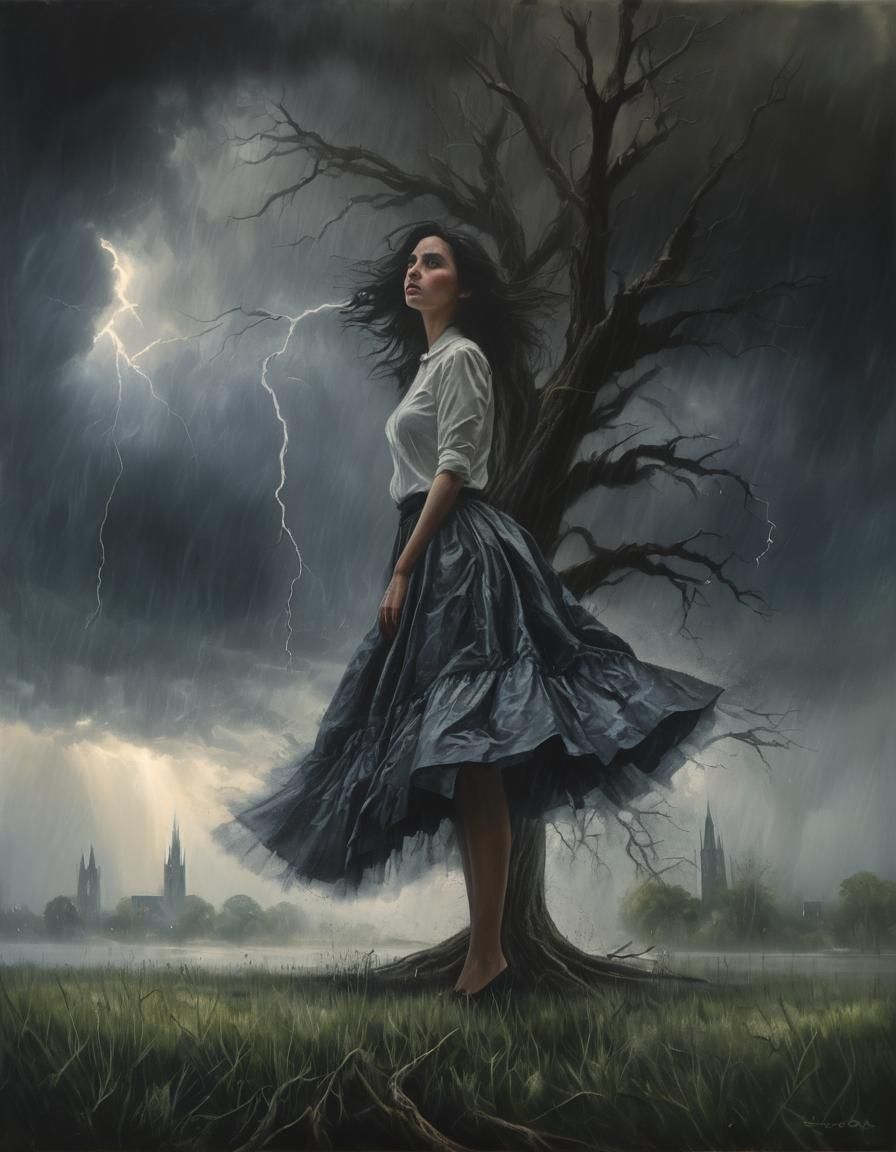 Chiaroscuro Towers Rise Through Stormy Mist