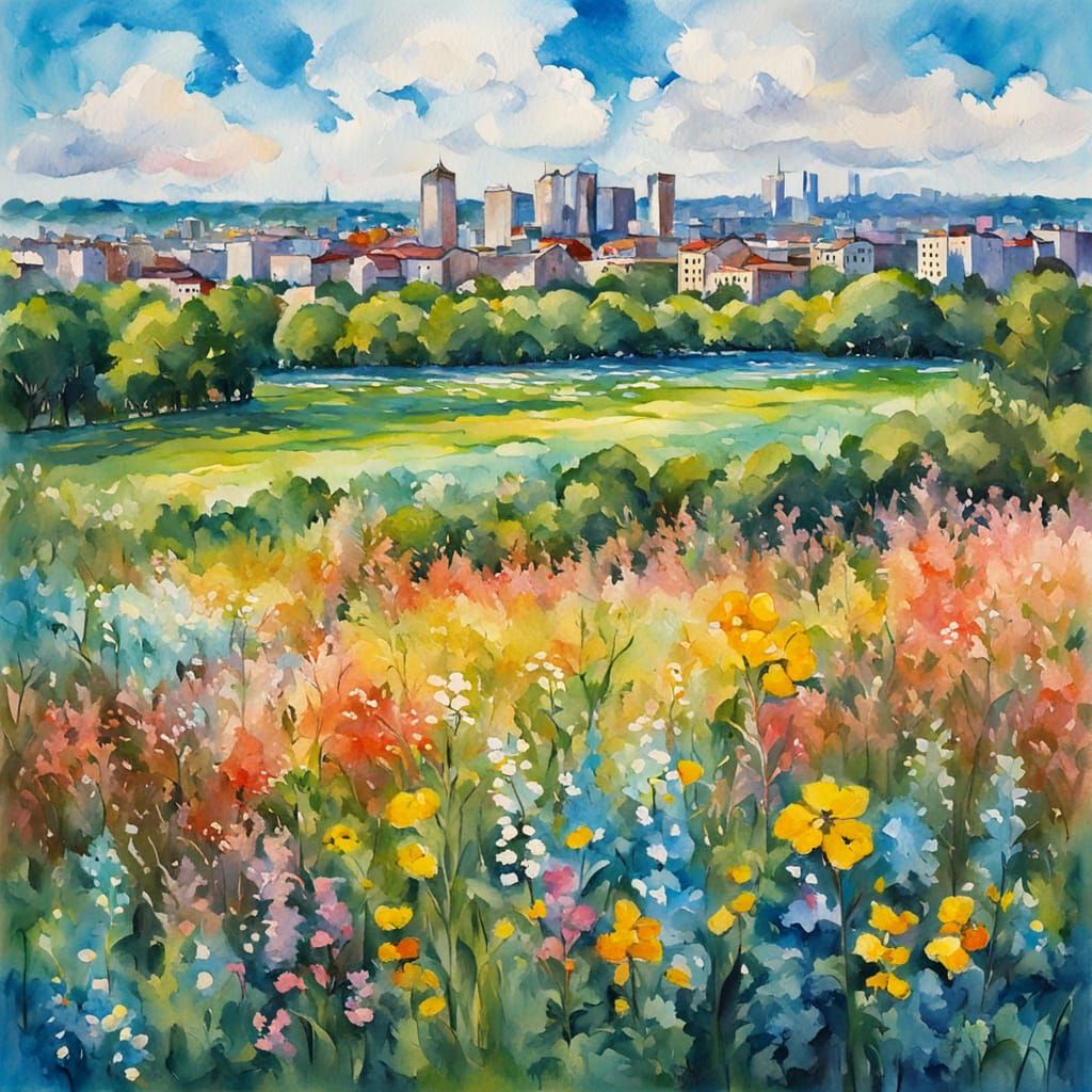 Vibrant Gouache Cityscape with Spring Wildflowers and Cloudy...