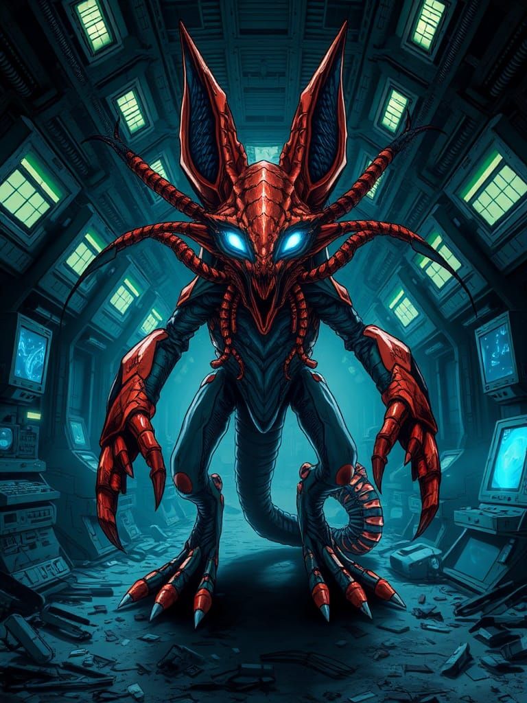 Armored Alien Lobster-Fox in Ruined Moonbase