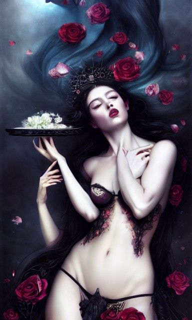 Goddess of Seduction in Black Rose Petals
