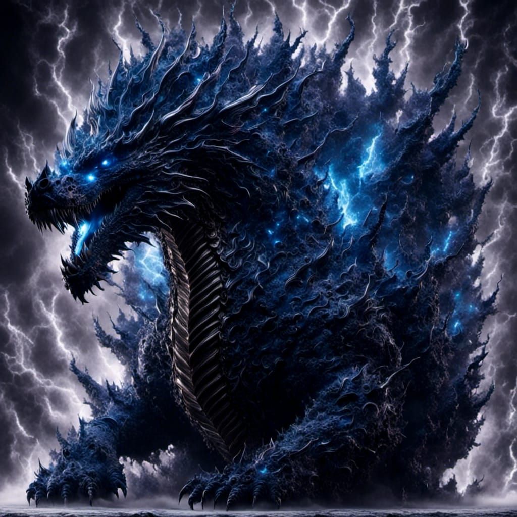 Cobalt Lightning Dragon Rising from Darkness