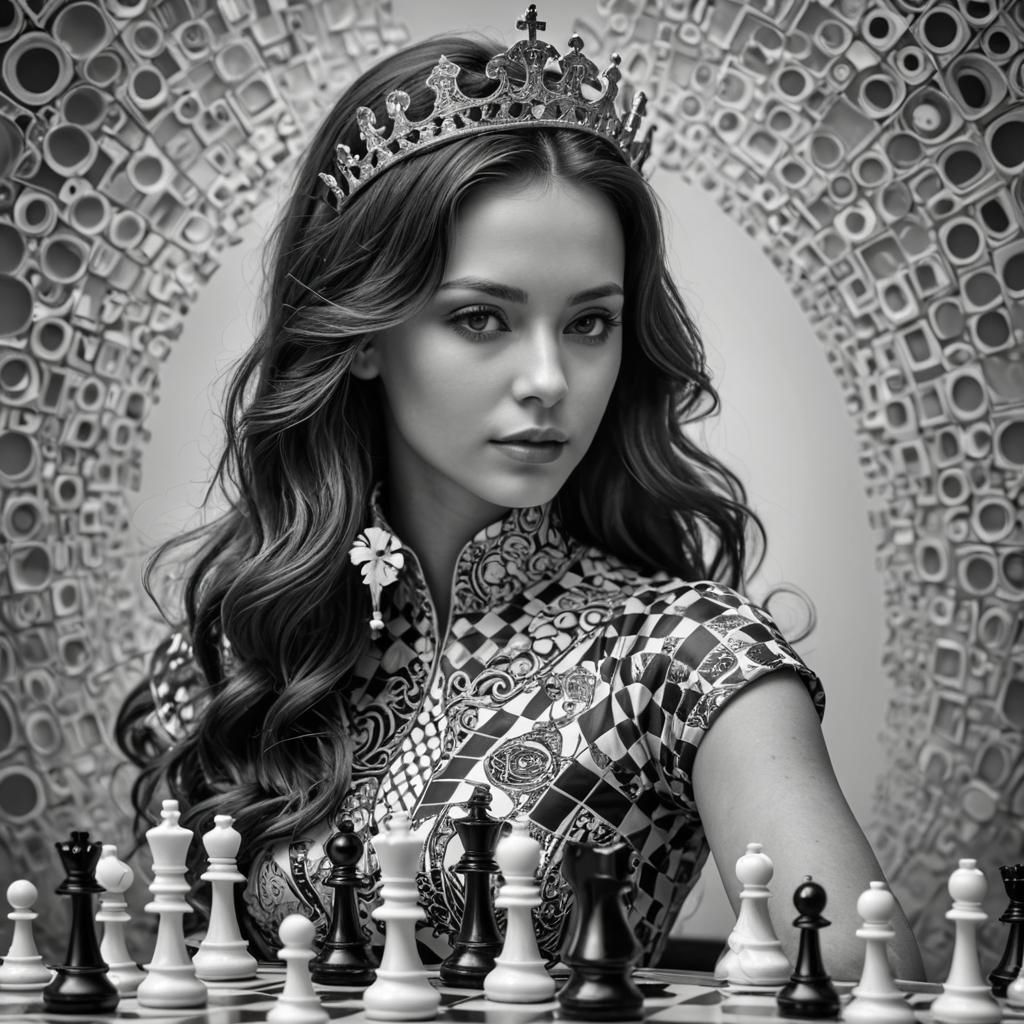 Woman Transforms to Chess Queen in Black and White