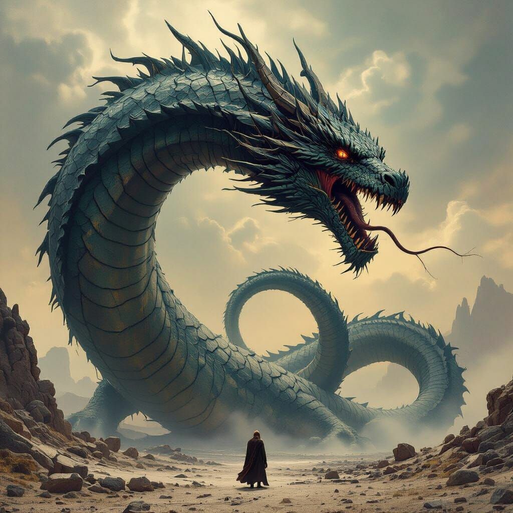 Colossal Dragon-Serpent Embodies Envy in Eerie Surrealism