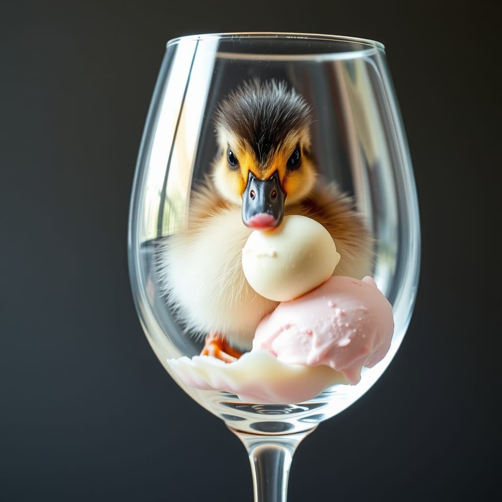 Duckling Licking Ice Cream in Wineglass