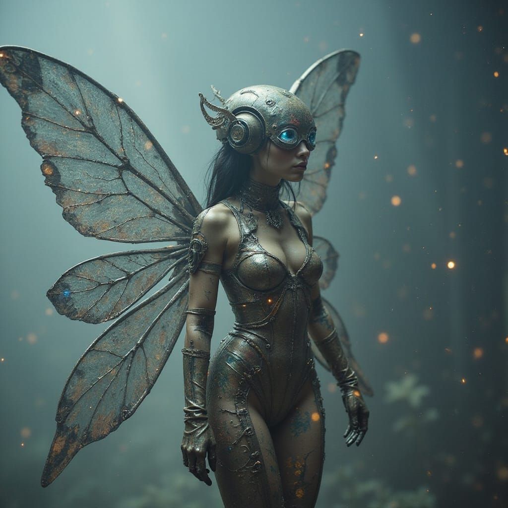 Biomechanical Fairy with Metal Wings in Cyberpunk Style
