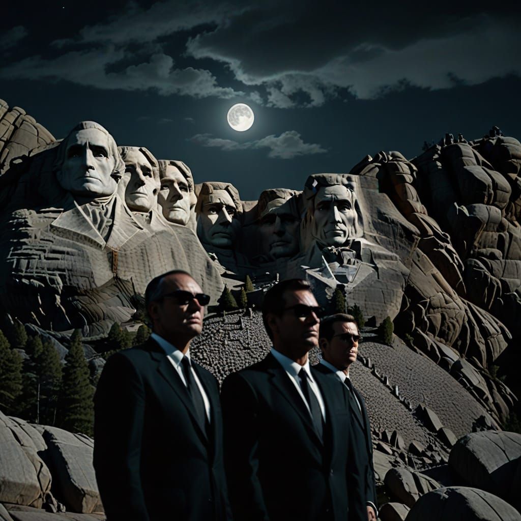 Mount Rushmore with Figures in Dark Oil Painting Style
