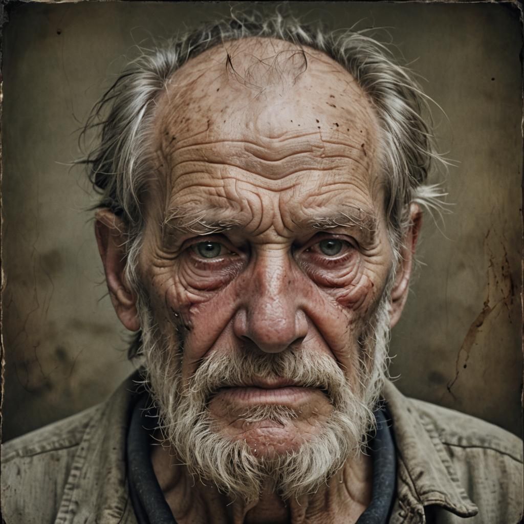 A poignant image of an elderly man in poor condition and health, slouched and weary, with wrinkled skin and a graying st...