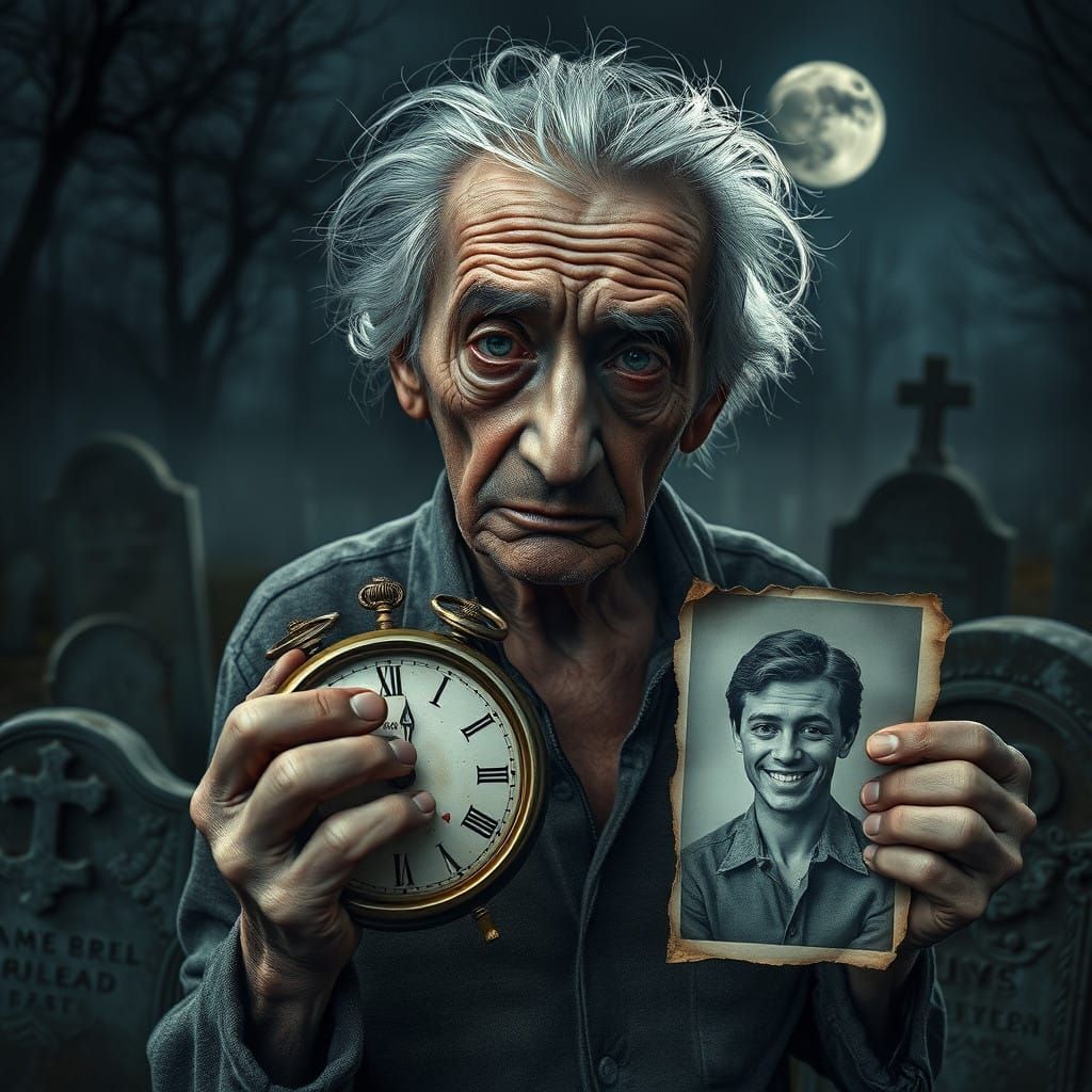 Aged Man Contemplates Mortality in Moonlit Graveyard