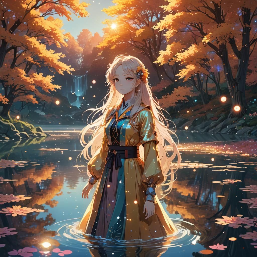 Anime Girl in Neon Autumn Fantasy Landscape